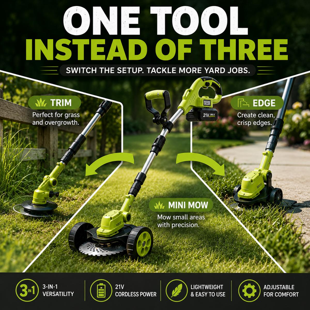 21V Cordless 3-in-1 Grass Trimmer, Edger & Mini Mower – Brushless Motor with Rolling Wheels