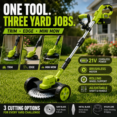 21V Cordless 3-in-1 Grass Trimmer, Edger & Mini Mower – Brushless Motor with Rolling Wheels