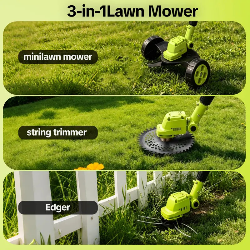 21V Cordless 3-in-1 Grass Trimmer, Edger & Mini Mower – Brushless Motor with Rolling Wheels