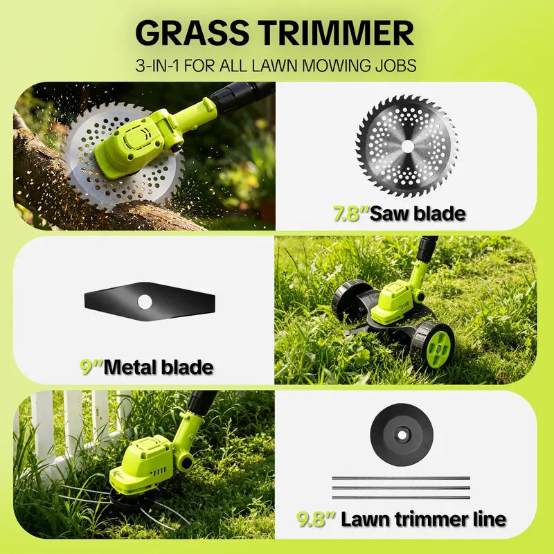 21V Cordless 3-in-1 Grass Trimmer, Edger & Mini Mower – Brushless Motor with Rolling Wheels