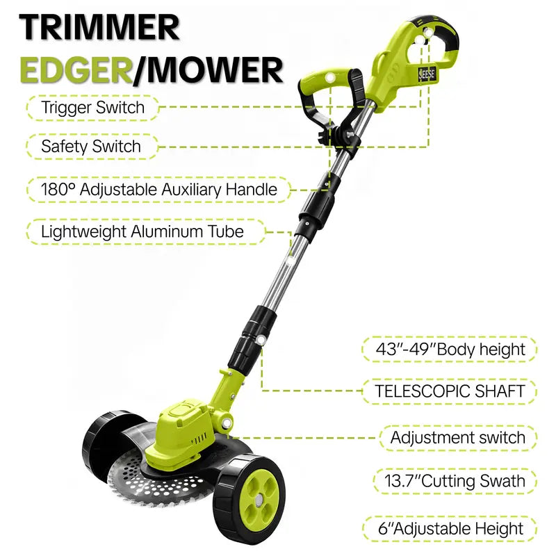 21V Cordless 3-in-1 Grass Trimmer, Edger & Mini Mower – Brushless Motor with Rolling Wheels