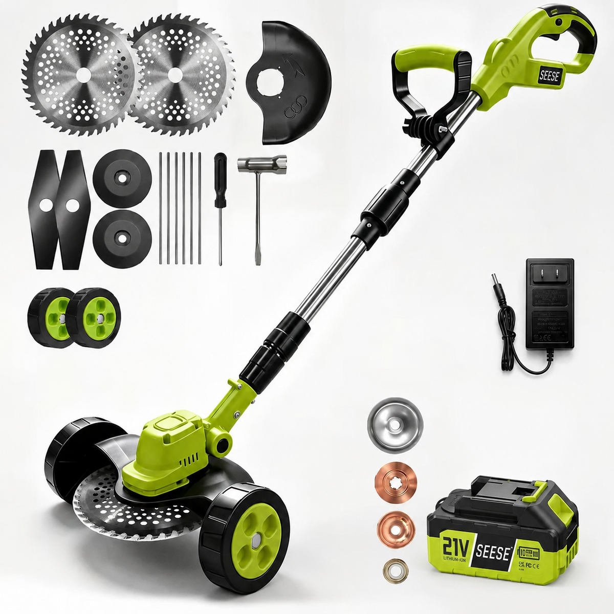 21V Cordless 3-in-1 Grass Trimmer, Edger & Mini Mower – Brushless Motor with Rolling Wheels
