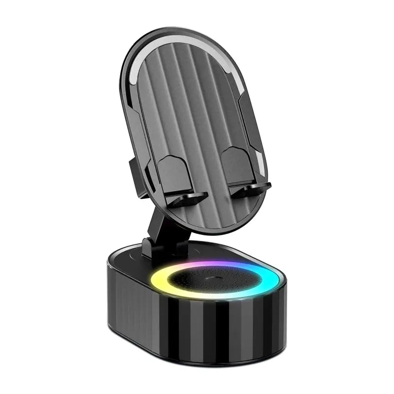AKLLCCR Wireless Induction Audio Bluetooth Speaker 5in1 Cellphone Holder USB Emergency Rechargeable (5000mAh) Portable Power Mobile Tablet Stand with Colorful Ambient Light Gifts for Friend, Family