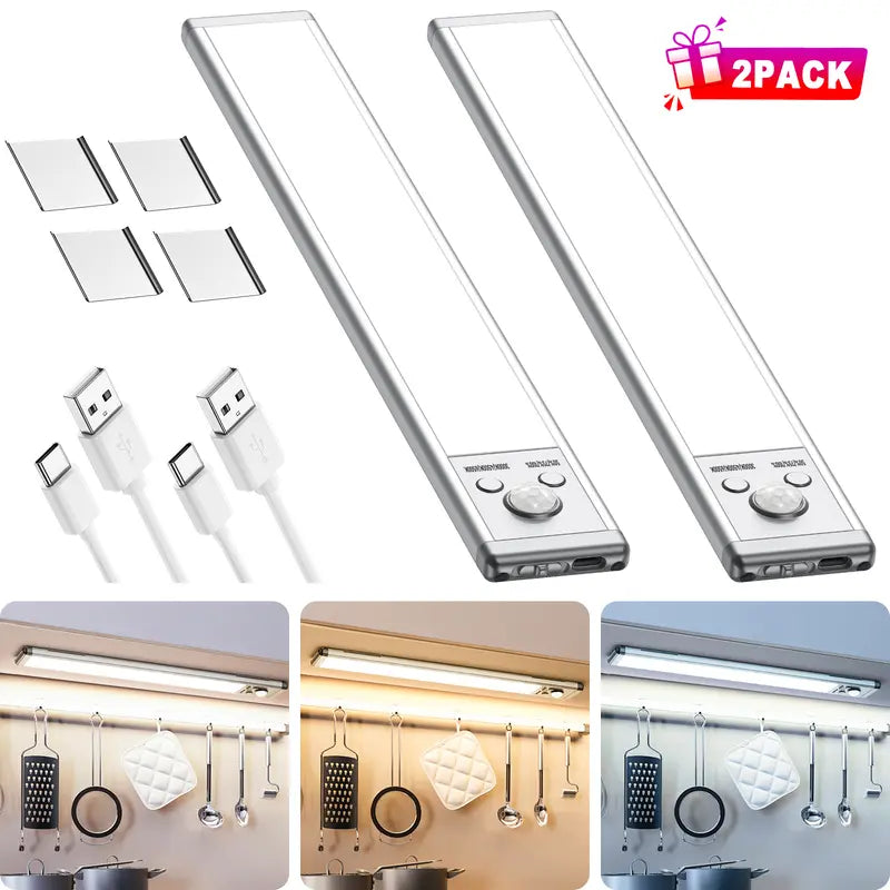 2/4‑Pack Motion Sensor Under Cabinet Lights, USB Rechargeable Magnetic LED Strip Lamp, 3 Color Mode Stick‑on Night Light for Kitchen, Closet, Hallway