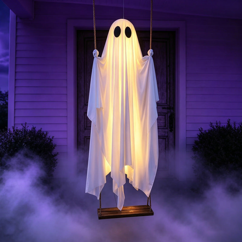 Hanging Swinging Ghost on Wooden Swing Halloween Decor, LED Light Up Ghost Ornament for Porch Yard Tree, 3 Styles: No Light / Lighted / Light with Remote Control