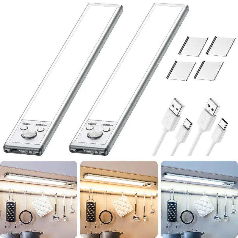 2/4‑Pack Motion Sensor Under Cabinet Lights, USB Rechargeable Magnetic LED Strip Lamp, 3 Color Mode Stick‑on Night Light for Kitchen, Closet, Hallway