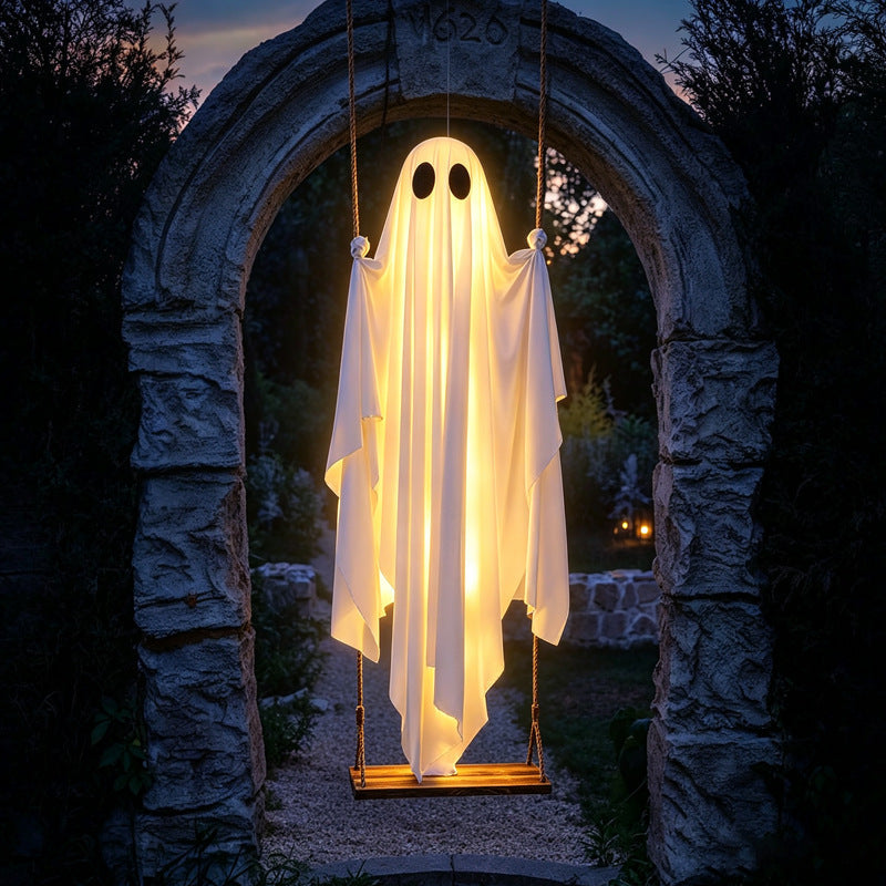 Hanging Swinging Ghost on Wooden Swing Halloween Decor, LED Light Up Ghost Ornament for Porch Yard Tree, 3 Styles: No Light / Lighted / Light with Remote Control