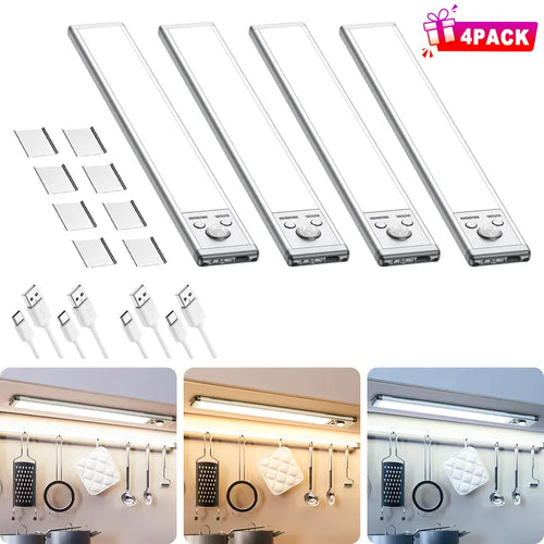 2/4‑Pack Motion Sensor Under Cabinet Lights, USB Rechargeable Magnetic LED Strip Lamp, 3 Color Mode Stick‑on Night Light for Kitchen, Closet, Hallway