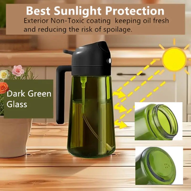 2 Count 2 in 1 Oil Sprayer for Cooking 16oz/470ml Light-Blocking Dark , Olive Oil Dispenser Bottle for Kitchen, Premium Dark Green Glass Oil Bottle, Food-Grade Oil Mister for Air Fryer, BBQ
