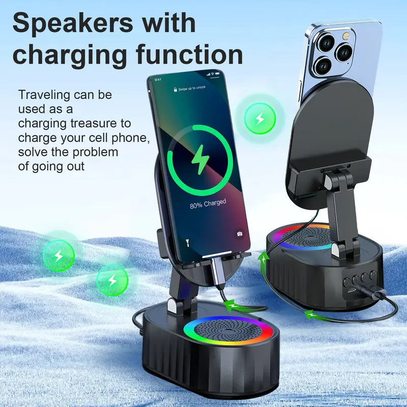 AKLLCCR Wireless Induction Audio Bluetooth Speaker 5in1 Cellphone Holder USB Emergency Rechargeable (5000mAh) Portable Power Mobile Tablet Stand with Colorful Ambient Light Gifts for Friend, Family