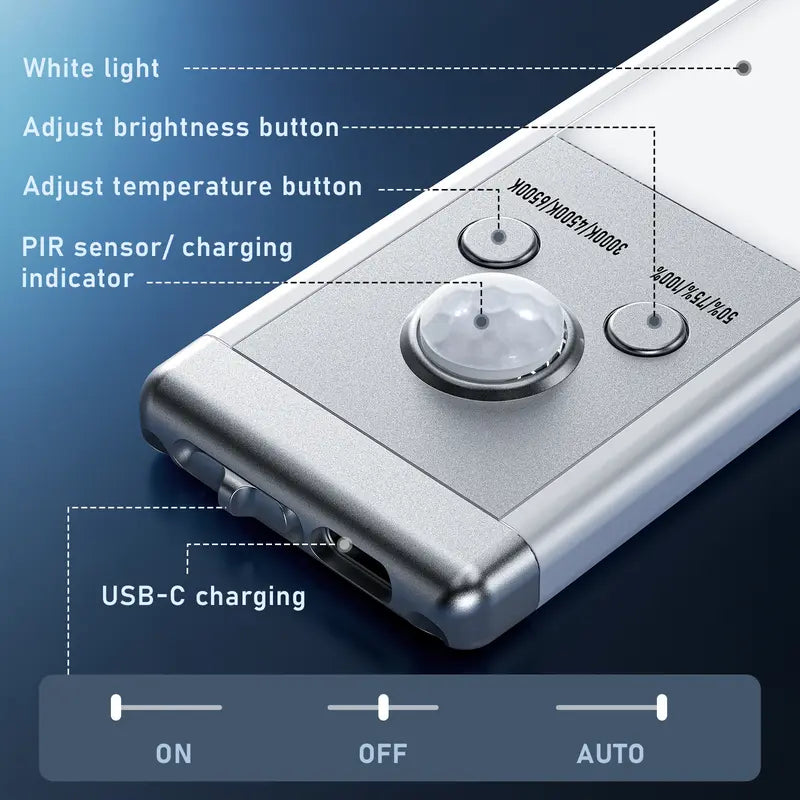 2/4‑Pack Motion Sensor Under Cabinet Lights, USB Rechargeable Magnetic LED Strip Lamp, 3 Color Mode Stick‑on Night Light for Kitchen, Closet, Hallway