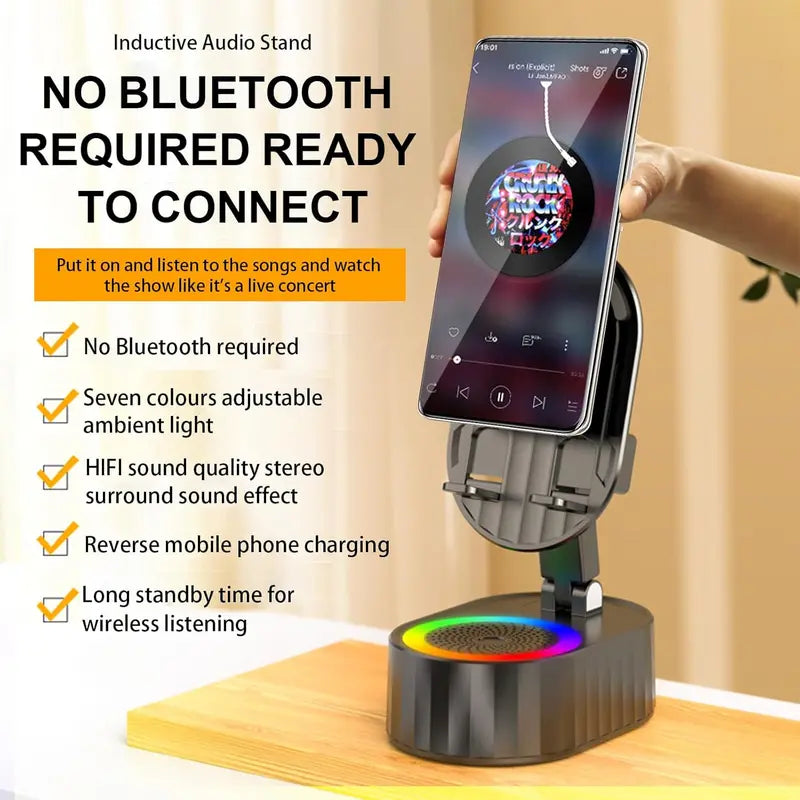 AKLLCCR Wireless Induction Audio Bluetooth Speaker 5in1 Cellphone Holder USB Emergency Rechargeable (5000mAh) Portable Power Mobile Tablet Stand with Colorful Ambient Light Gifts for Friend, Family