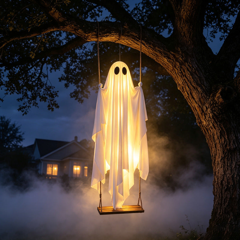 Hanging Swinging Ghost on Wooden Swing Halloween Decor, LED Light Up Ghost Ornament for Porch Yard Tree, 3 Styles: No Light / Lighted / Light with Remote Control
