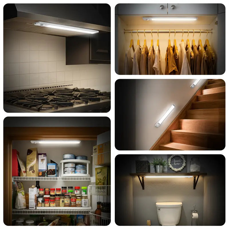 2/4‑Pack Motion Sensor Under Cabinet Lights, USB Rechargeable Magnetic LED Strip Lamp, 3 Color Mode Stick‑on Night Light for Kitchen, Closet, Hallway