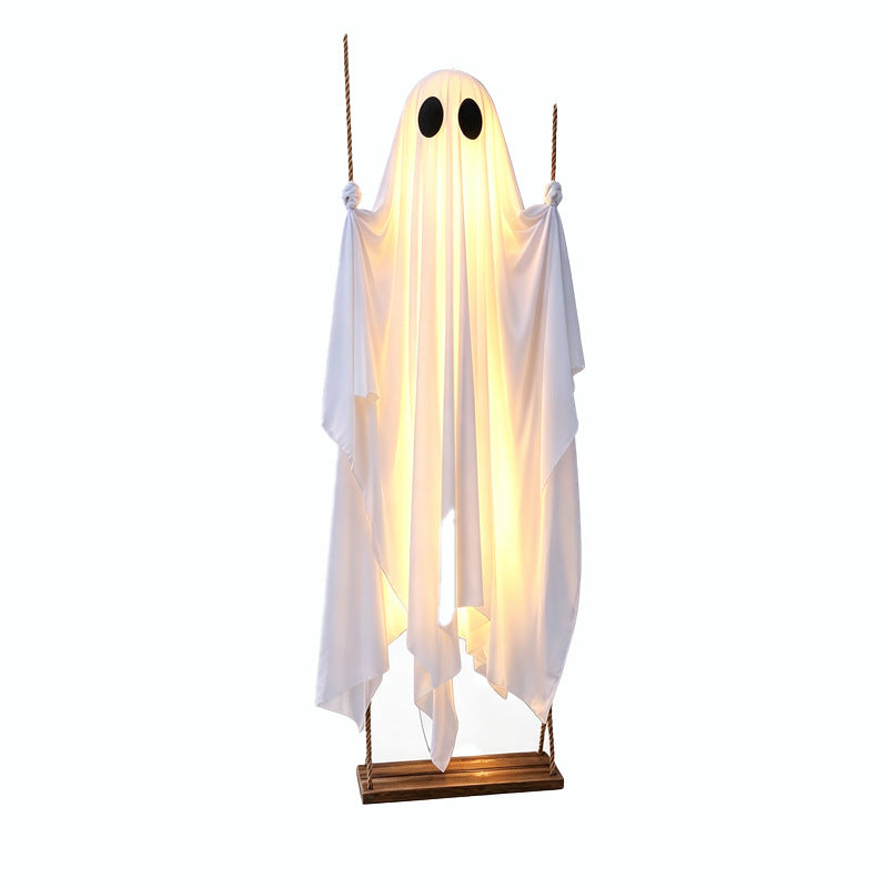 Hanging Swinging Ghost on Wooden Swing Halloween Decor, LED Light Up Ghost Ornament for Porch Yard Tree, 3 Styles: No Light / Lighted / Light with Remote Control