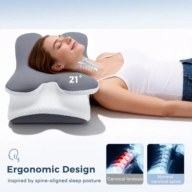 FEILONGORVEXA Ergonomic Memory Foam Pillow, 25°C Cooling Ice Silk Neck Support Pillow for Sleeping, Slow Rebound Zero Pressure Side/Back Sleepers, Removable & Washable, Adult Unisex.