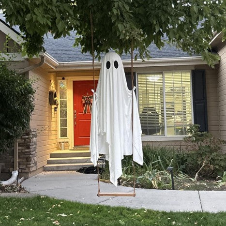 Hanging Swinging Ghost on Wooden Swing Halloween Decor, LED Light Up Ghost Ornament for Porch Yard Tree, 3 Styles: No Light / Lighted / Light with Remote Control