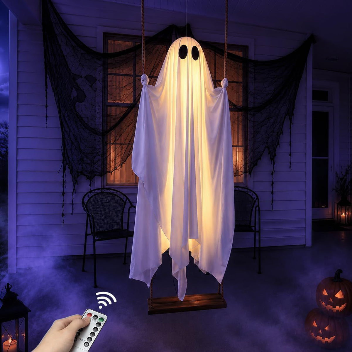 Hanging Swinging Ghost on Wooden Swing Halloween Decor, LED Light Up Ghost Ornament for Porch Yard Tree, 3 Styles: No Light / Lighted / Light with Remote Control