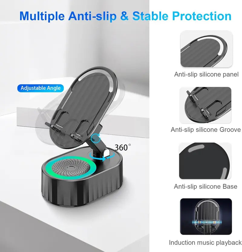 AKLLCCR Wireless Induction Audio Bluetooth Speaker 5in1 Cellphone Holder USB Emergency Rechargeable (5000mAh) Portable Power Mobile Tablet Stand with Colorful Ambient Light Gifts for Friend, Family