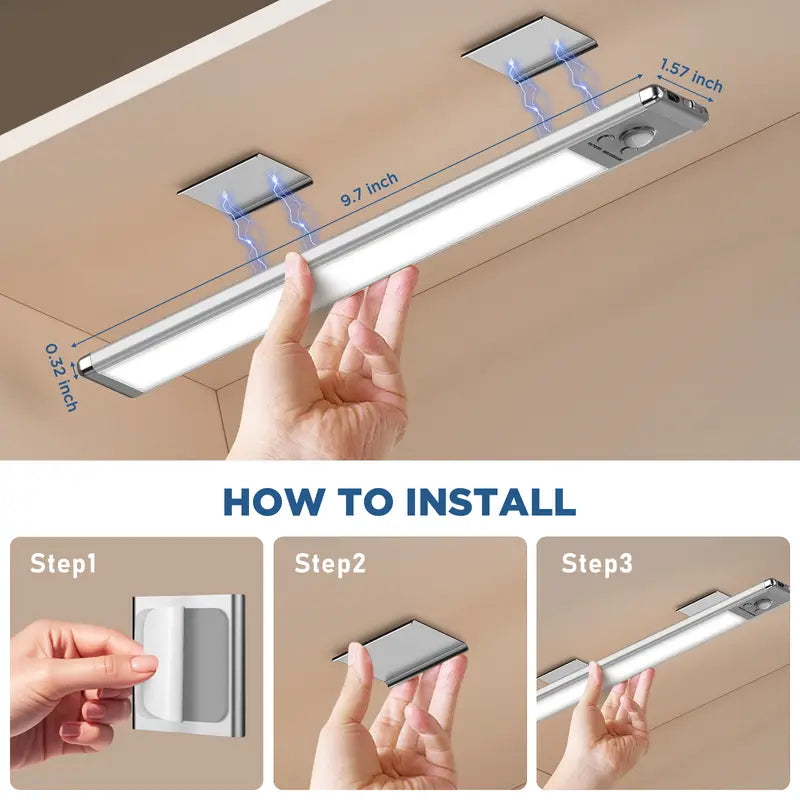2/4‑Pack Motion Sensor Under Cabinet Lights, USB Rechargeable Magnetic LED Strip Lamp, 3 Color Mode Stick‑on Night Light for Kitchen, Closet, Hallway