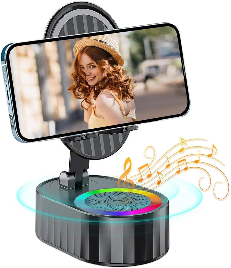 AKLLCCR Wireless Induction Audio Bluetooth Speaker 5in1 Cellphone Holder USB Emergency Rechargeable (5000mAh) Portable Power Mobile Tablet Stand with Colorful Ambient Light Gifts for Friend, Family