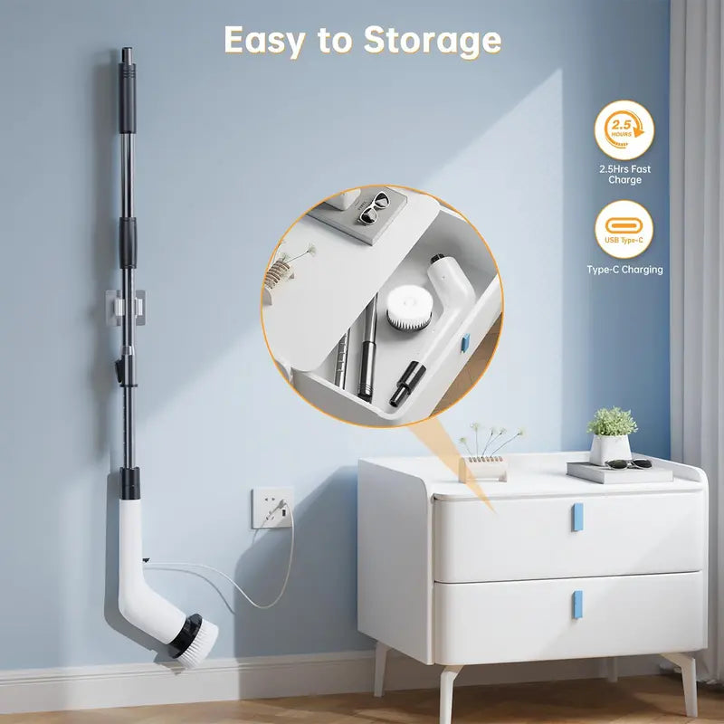 Electric Spin Scrubber Cordless Shower Cleaner with 8 Replaceable Brush Heads,3-Length Extendable Handle,Dual Speed,IPX7 Waterproof LED Display Cleaning Tool for Bathroom,Kitchen,Tub,Tile,Car & More,Cleaning Set,DealsForYouDays