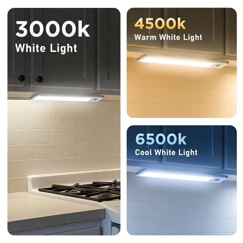 2/4‑Pack Motion Sensor Under Cabinet Lights, USB Rechargeable Magnetic LED Strip Lamp, 3 Color Mode Stick‑on Night Light for Kitchen, Closet, Hallway